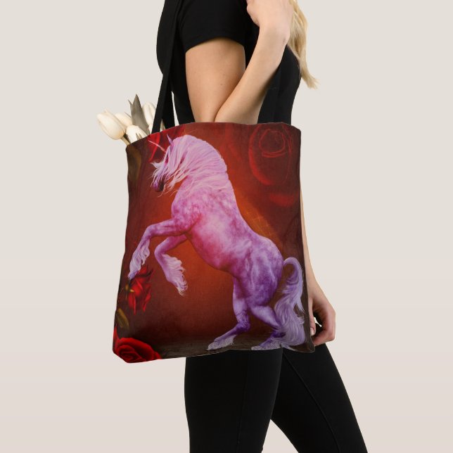 Fiery Unicorn And Roses Fantasy Horse Tote Bag (Close Up)