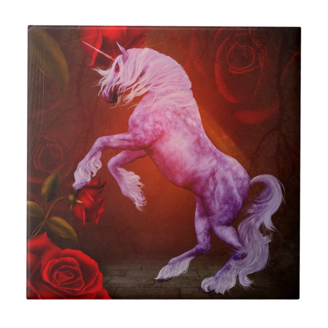 Fiery Unicorn Horse And Roses Animal Tile (Front)
