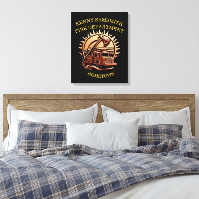 Fiery Valour Intricate Heroic Design Of Fire Truck Canvas Print (Insitu(Bedroom))