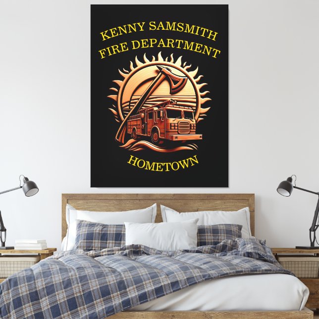 Fiery Valour Intricate Heroic Design Of Fire Truck Canvas Print (Insitu(Bedroom))