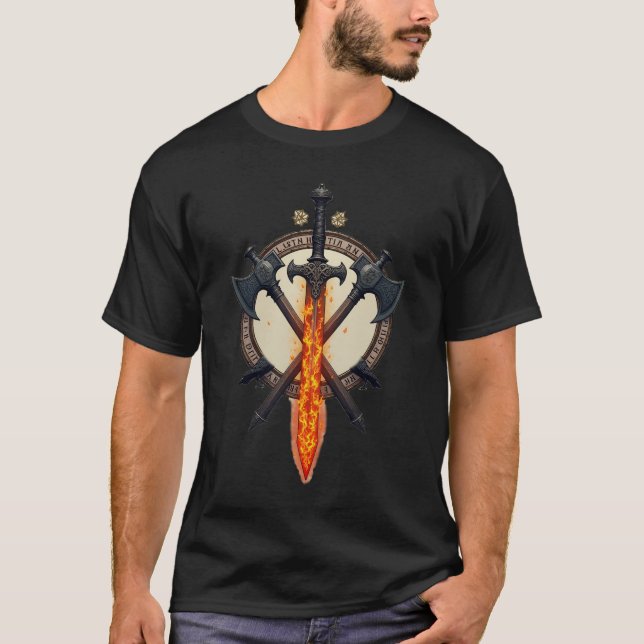Fiery Viking Sword & Axe Emblem T-Shirt (Front)