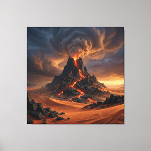 Fiery Volcano Eruption in a Desert Landscape Canvas Print