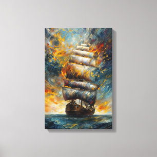 Fiery Voyage – Dramatic Sailing Ship at Sunset Art Canvas Print