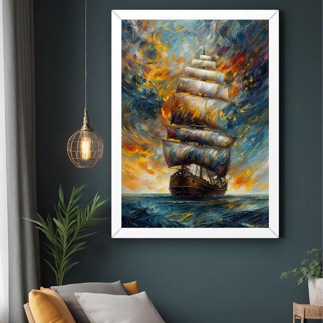 Fiery Voyage – Dramatic Sailing Ship at Sunset Art Poster (Creator Uploaded)
