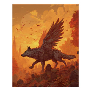 Fiery Winged Wolf in Sunset Blaze Poster
