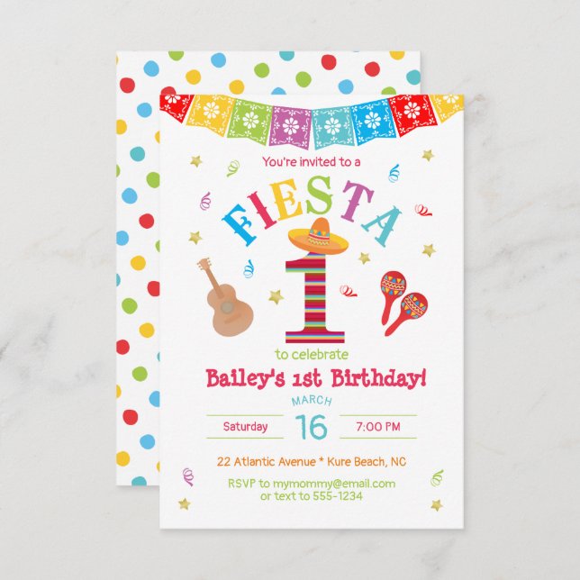 Fiesta 1st Birthday Invitation Mexican Colourful (Front/Back)