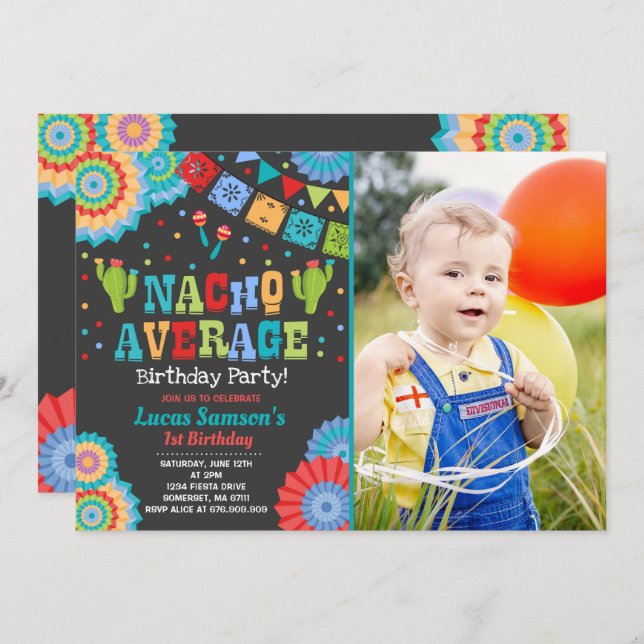 Fiesta 1st Birthday Invitation Nacho Average Party (Front/Back)