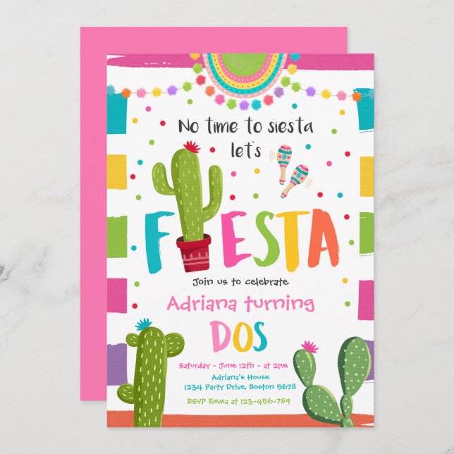 Fiesta 2nd Birthday Party Mexican Cactus Party Invitation (Front/Back)