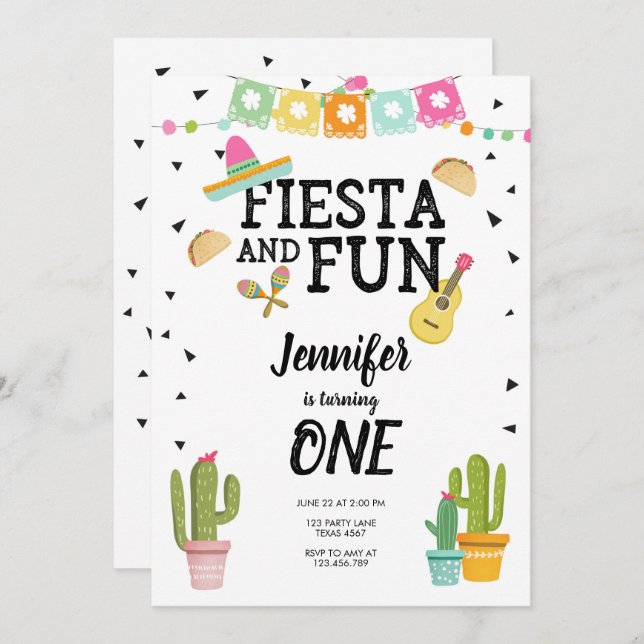 Fiesta and Fun Cactus Mexican Girl First Birthday Invitation (Front/Back)