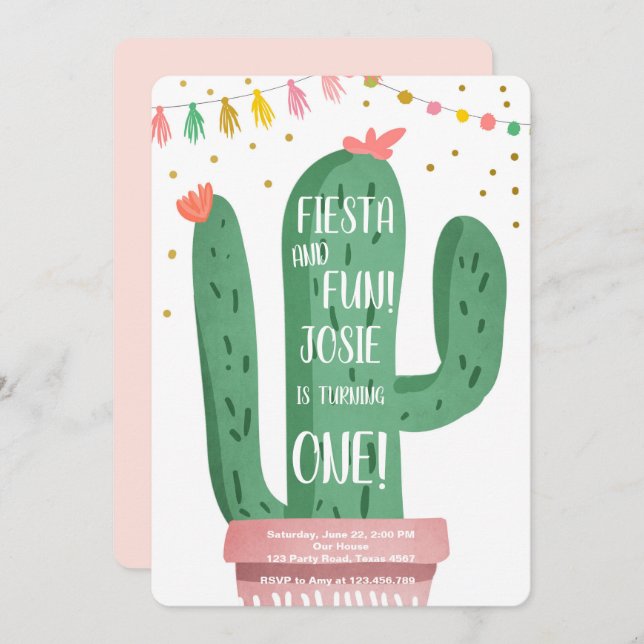 Fiesta and Fun Girl Pink Cactus 1st Birthday Invitation (Front/Back)