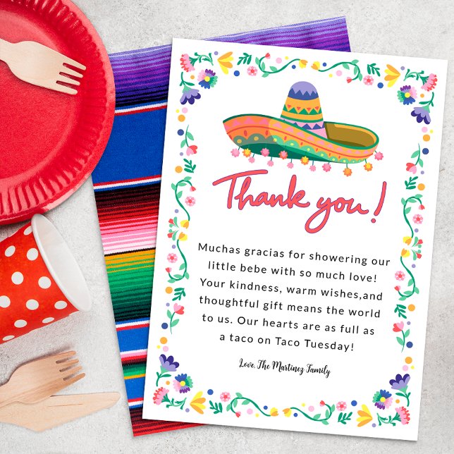 Fiesta Baby Shower Thank You Card – Floral Sombrer (Sombrero thank you card)