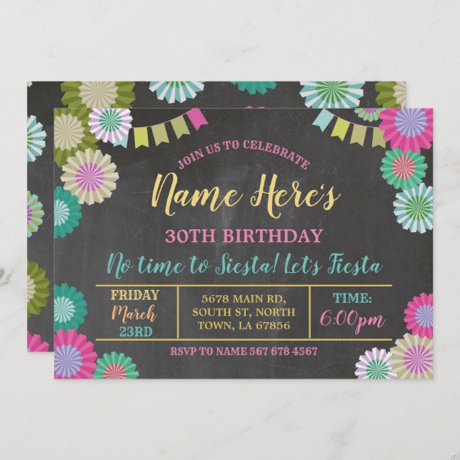 Fiesta Birthday Floral Mexican Fans Pink Flags Invitation (Front/Back)