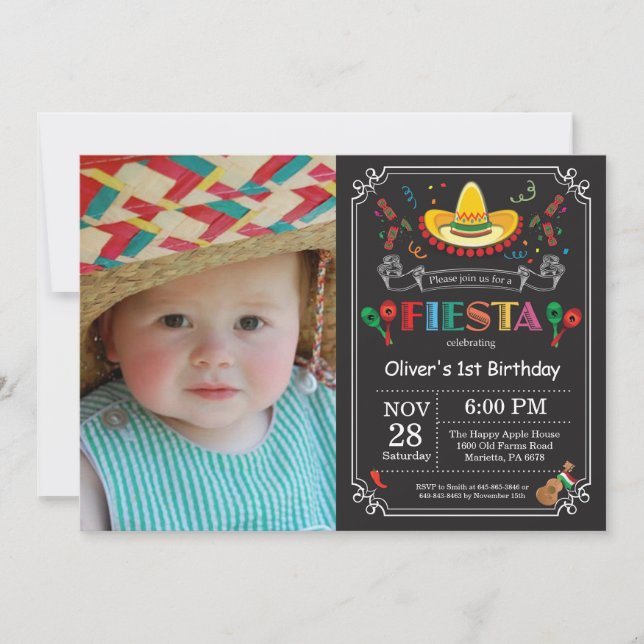 Fiesta Birthday Invitation Chalkboard Mexican (Front)