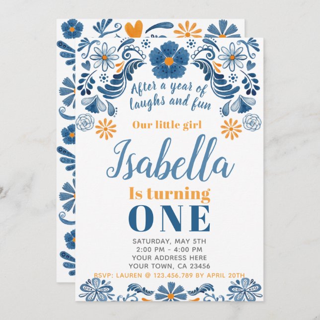 Fiesta Birthday Invitation, Floral Party Invite (Front/Back)