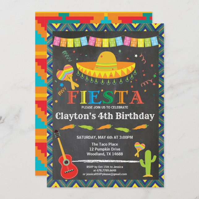 Fiesta birthday invitation for boy or kid (Front/Back)
