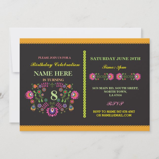 Fiesta Birthday Mexican Floral Pattern Invite (Front)