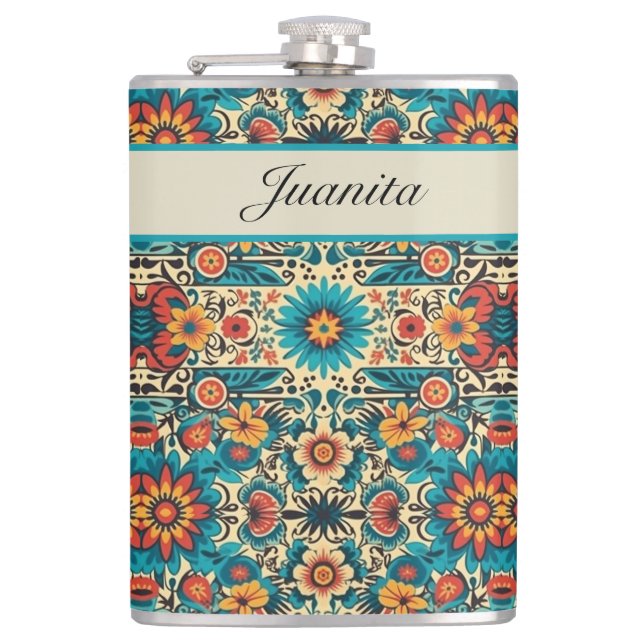 Fiesta Blooms, customisable Hip Flask (Front)
