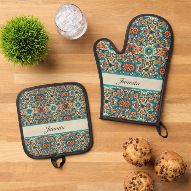 Fiesta Blooms customisable Oven Mitt & Pot Holder Set (Top Down)