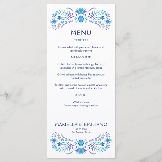 Fiesta Blue Birthday Shower Wedding Menu (Front)