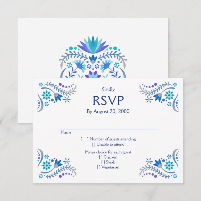Fiesta Blue Wedding Quinceañera RSVP Card (Front/Back)
