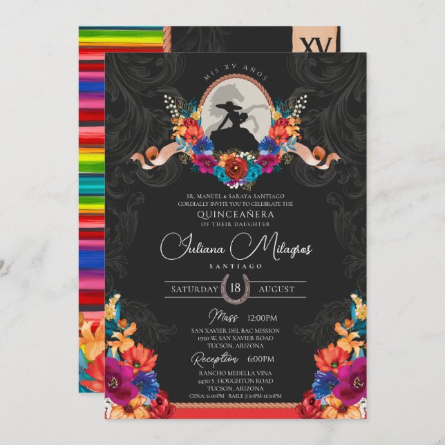 Fiesta Bright Flowers Beautiful Ranch Quinceañera Invitation (Front/Back)