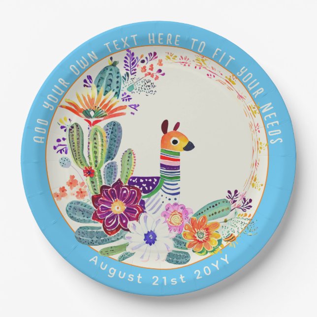 FIESTA Cacti Llama Folkart Flowers Blue Custom Paper Plate (Front)