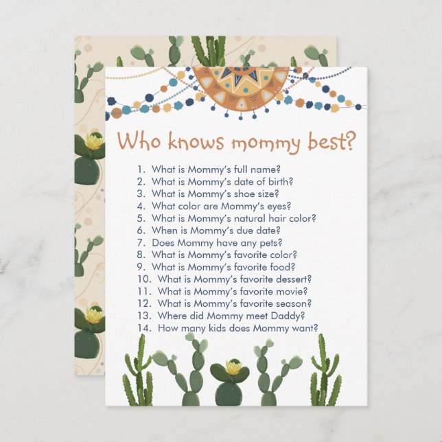 Fiesta cactus baby shower game  enclosure card (Front/Back)