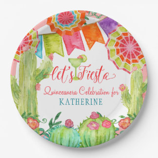 Fiesta Cactus Pink Quinceanera 15th Birthday Party Paper Plate
