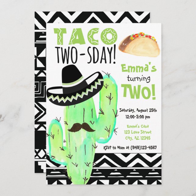 Fiesta Cactus Taco TWO-sday 2nd Birthday Party Invitation (Front/Back)