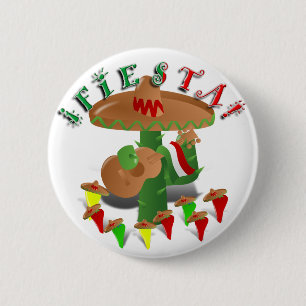 Fiesta Cactus w/Sombrero & Guitar 6 Cm Round Badge
