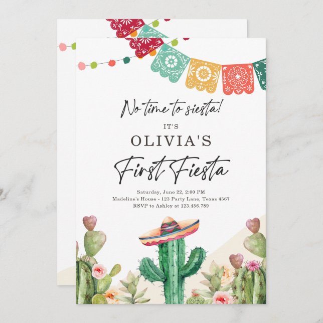 Fiesta Cactus Watercolor Girl First Birthday Invitation (Front/Back)