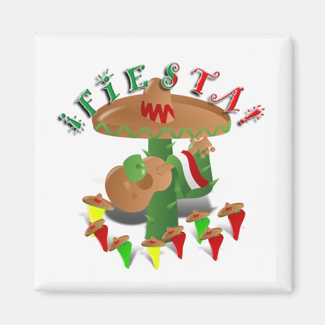 Fiesta Cactus with Guitar & Dancing Peppers Magnet (Front)