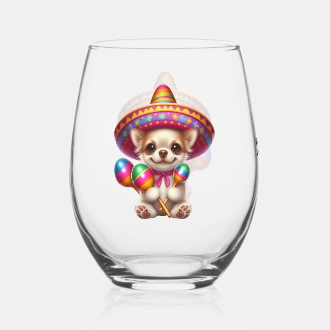 Fiesta Chihuahua Personalised  Stemless Wine Glass (Front)