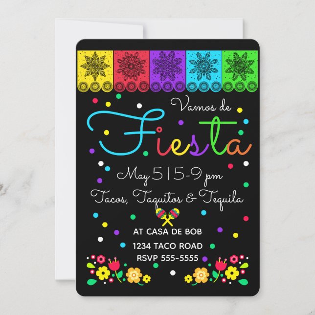 Fiesta Cinco de Mayo Papercuts & Floral Folk Art Invitation (Front)