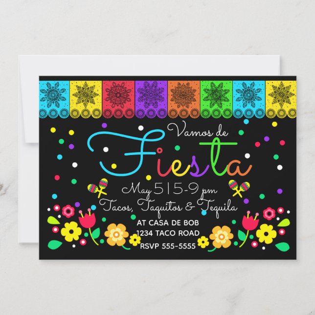 Fiesta Cinco de Mayo Papercuts & Floral Folk Art Invitation (Front)