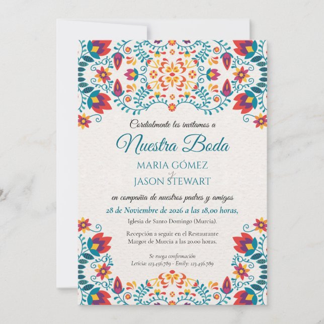 Fiesta Colorful Botanical Floral Spanish Wedding Invitation (Front)