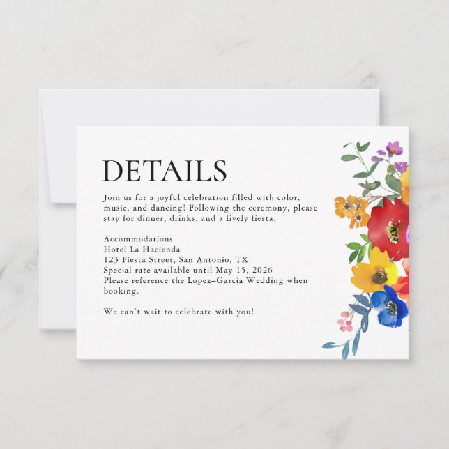 Fiesta Colorful Floral Mexico Wedding Details RSVP Card (Front)