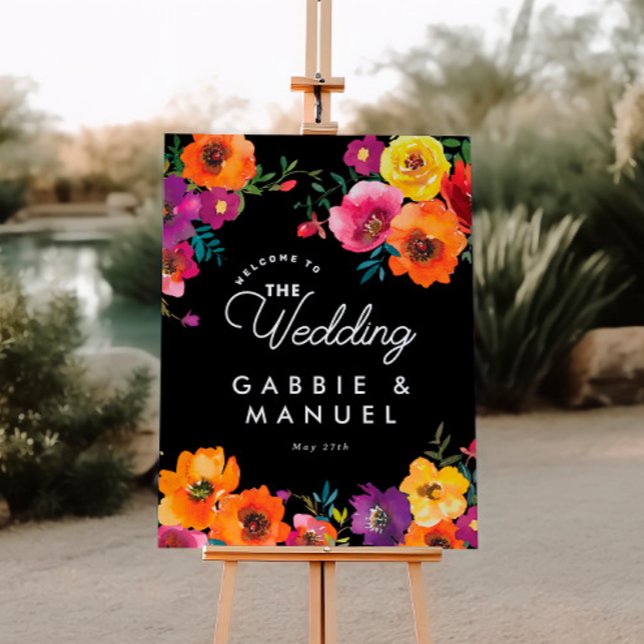 Fiesta Colourful Floral Black Wedding Welcome Sign (Creator Uploaded)