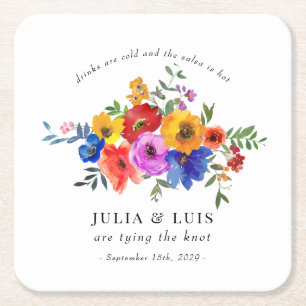 Fiesta Colourful Flower Wedding Engagement Square Paper Coaster