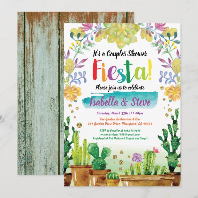 Fiesta couples shower invitation with cactuc (Front/Back)