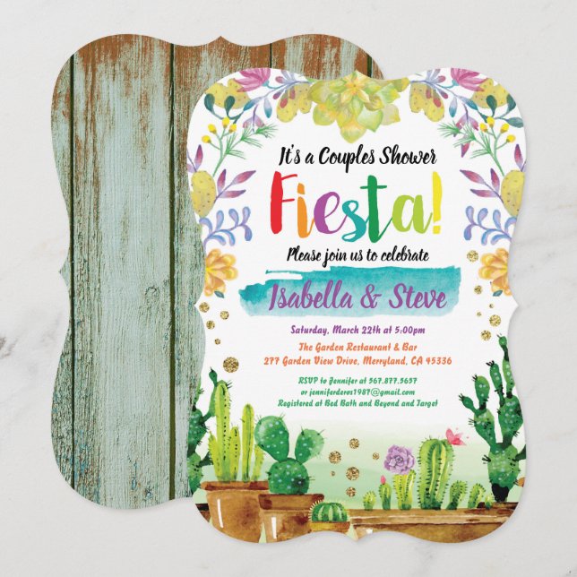 Fiesta couples shower invitation with cactuc (Front/Back)