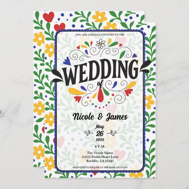 Fiesta de Amor Bold Colourful Floral Wedding Invitation (Front/Back)