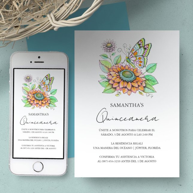 Fiesta de Quinceañera con Tema de Mariposas Invitation (Quinceanera invitations designed with butterfly art by Victoria Grigaliunas of Do Tell A Belle)