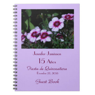 Fiesta de Quinceañera Guest Book, Purple Flowers Spiral Notebook