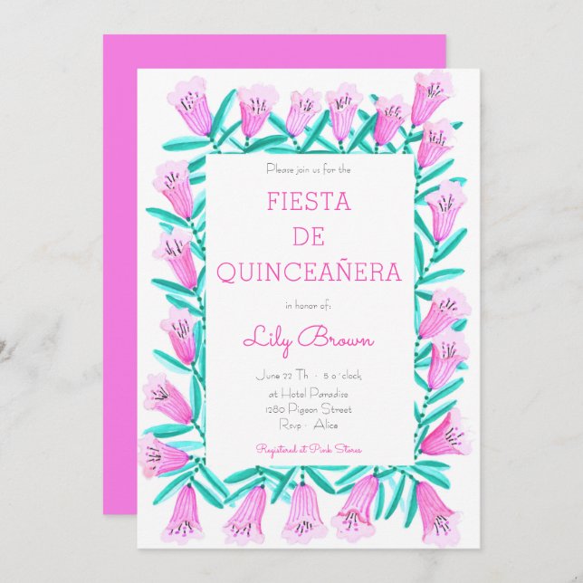 Fiesta de Quinceañera Invitation Flores Rosa (Front/Back)
