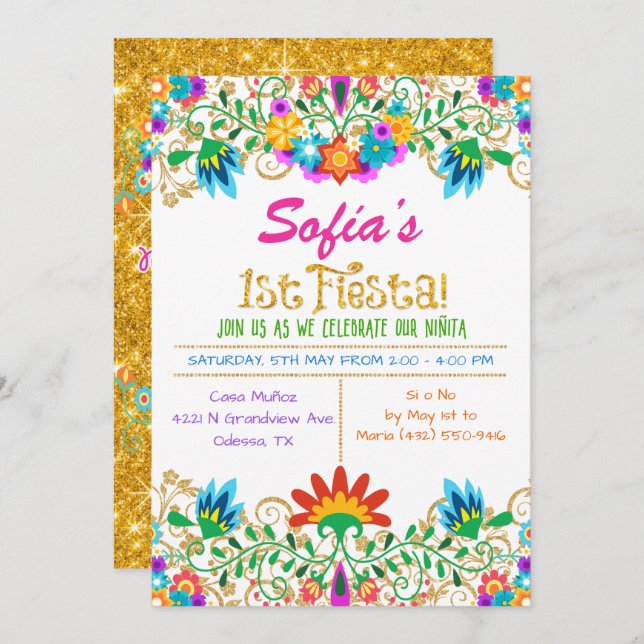 Fiesta First Birthday Floral Glitter Invitation (Front/Back)