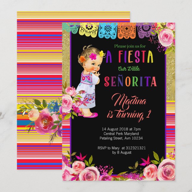 Fiesta Floral 1st birthday invitation (Front/Back)