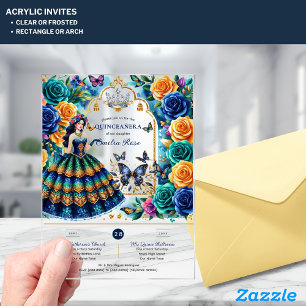 Fiesta Floral Butterflies QUINCEANERA Blue Gold Acrylic Invitations