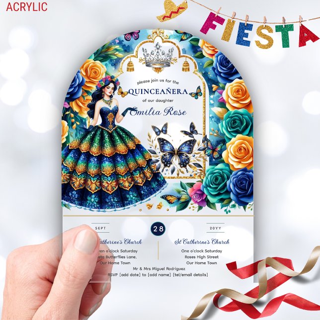 Fiesta Floral Butterflies QUINCEANERA Blue Gold Acrylic Invitations (Creator Uploaded)