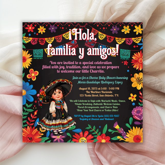 Fiesta Floral Charra Baby Shower Invitation (Girl fiesta baby shower invitation with bright flowers and adorable baby girl charra.)